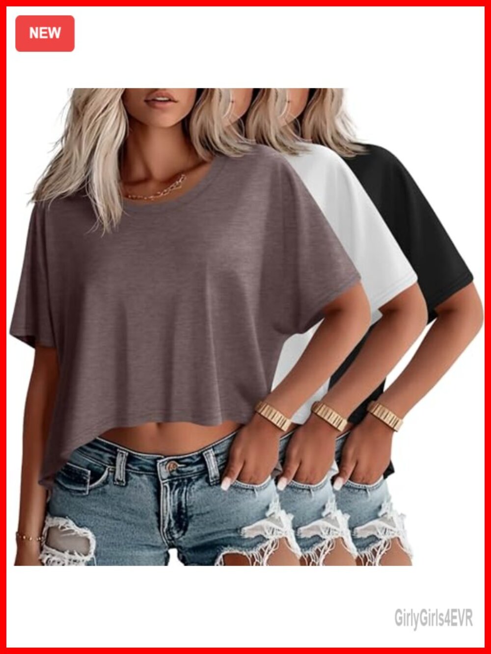 Oversized Cropped T Shirts 3 Pack Crew Neck Short Sleeve Casual Crop Tops